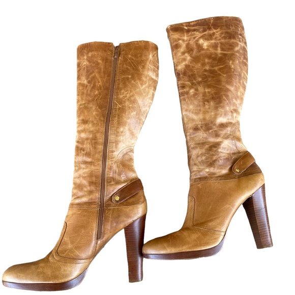 Jessica Simpson Distressed Leather Tall Boots Size 10 Stacked Heel Butterscotch - Picture 7 of 14